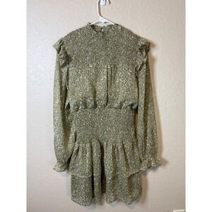 She + Sky Olive Green Floral Ruffle Smocked Mock Neck Long Sleeve Mini Dress
